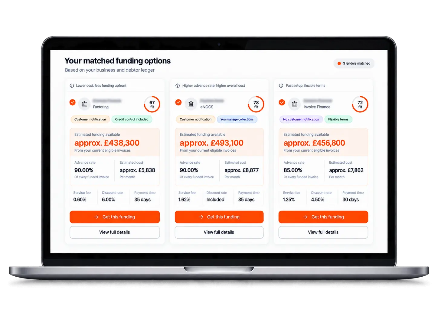 Your matched funding options shown on a laptop